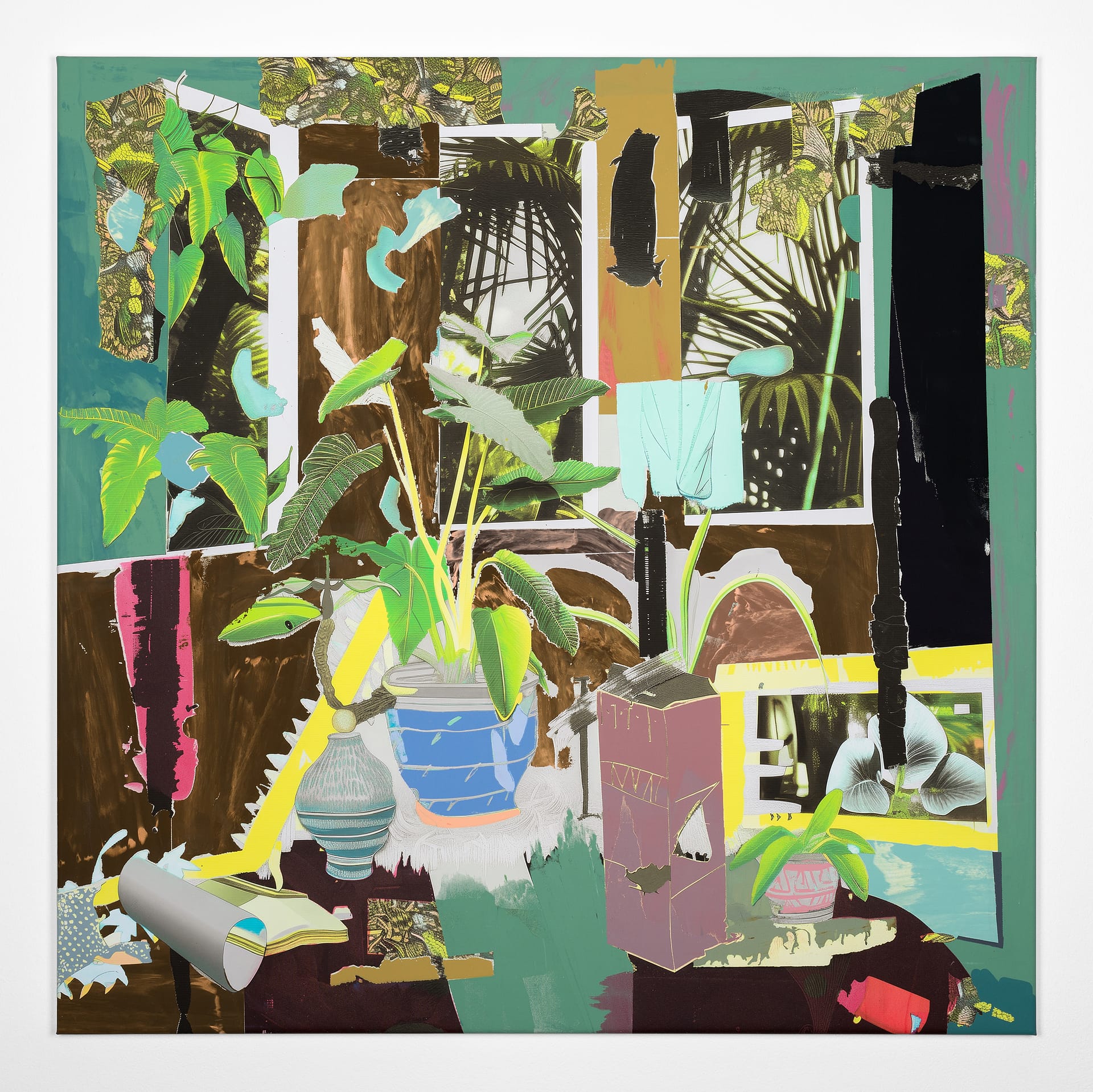 studio plan no. 5, 2025, acrylic, screen print, and pigment print on canvas, 100 x 100 cm