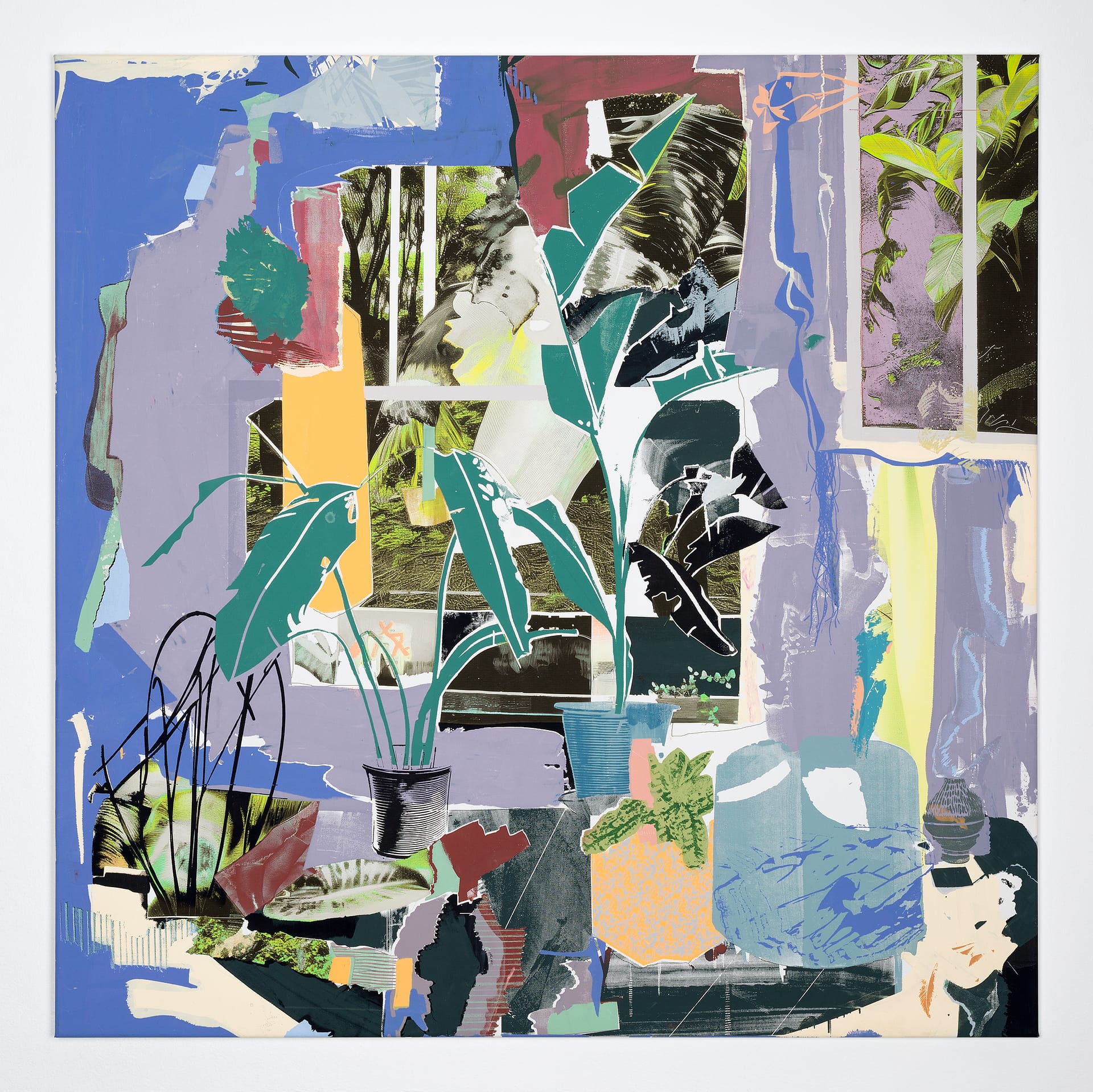 studio plan no. 2, 2024, acrylic, screen print, and pigment print on canvas, 100 x 100 cm