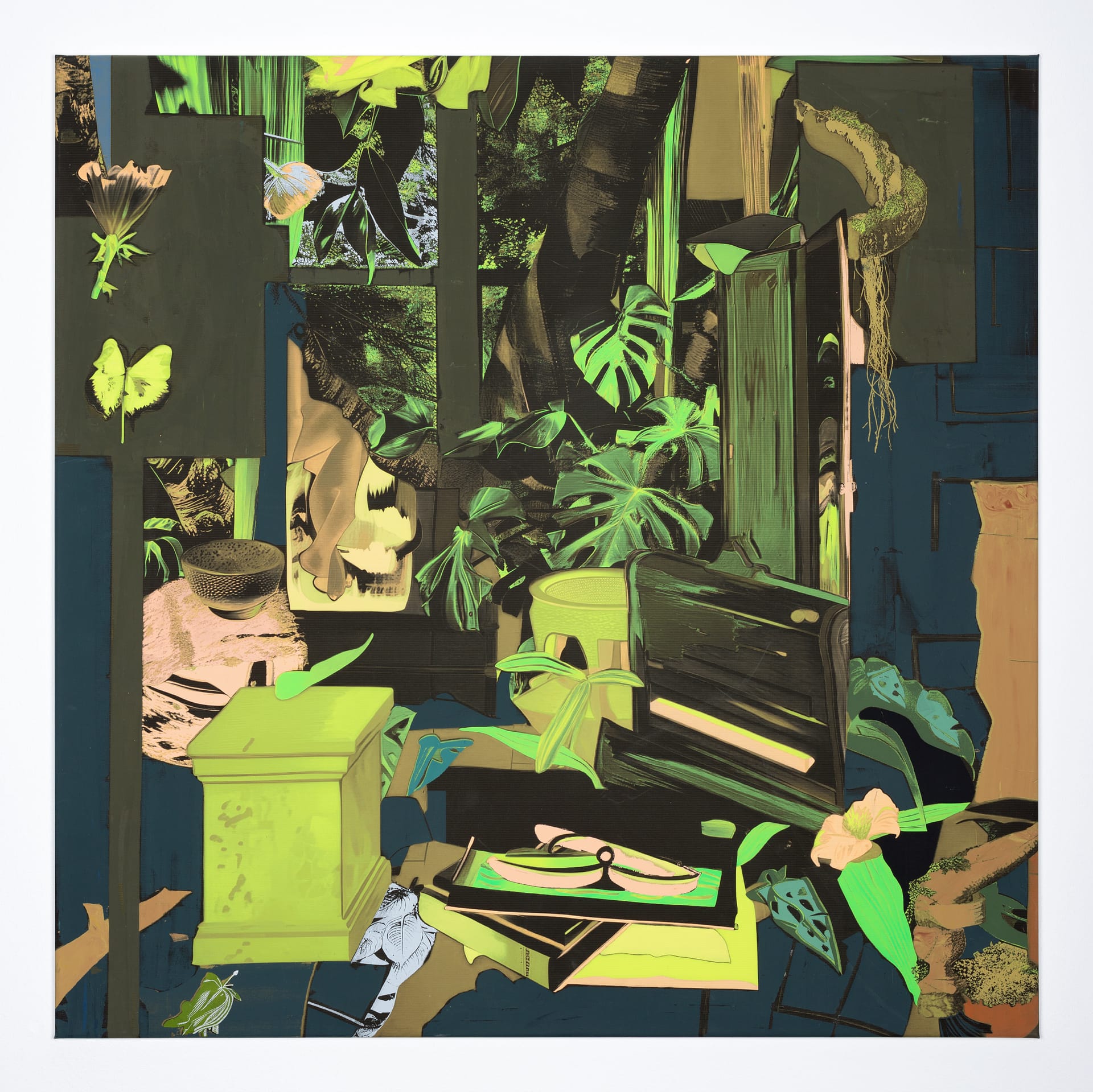 studio plan no. 6, 2024, acrylic, screen print, and pigment print on canvas, 100 x 100 cm