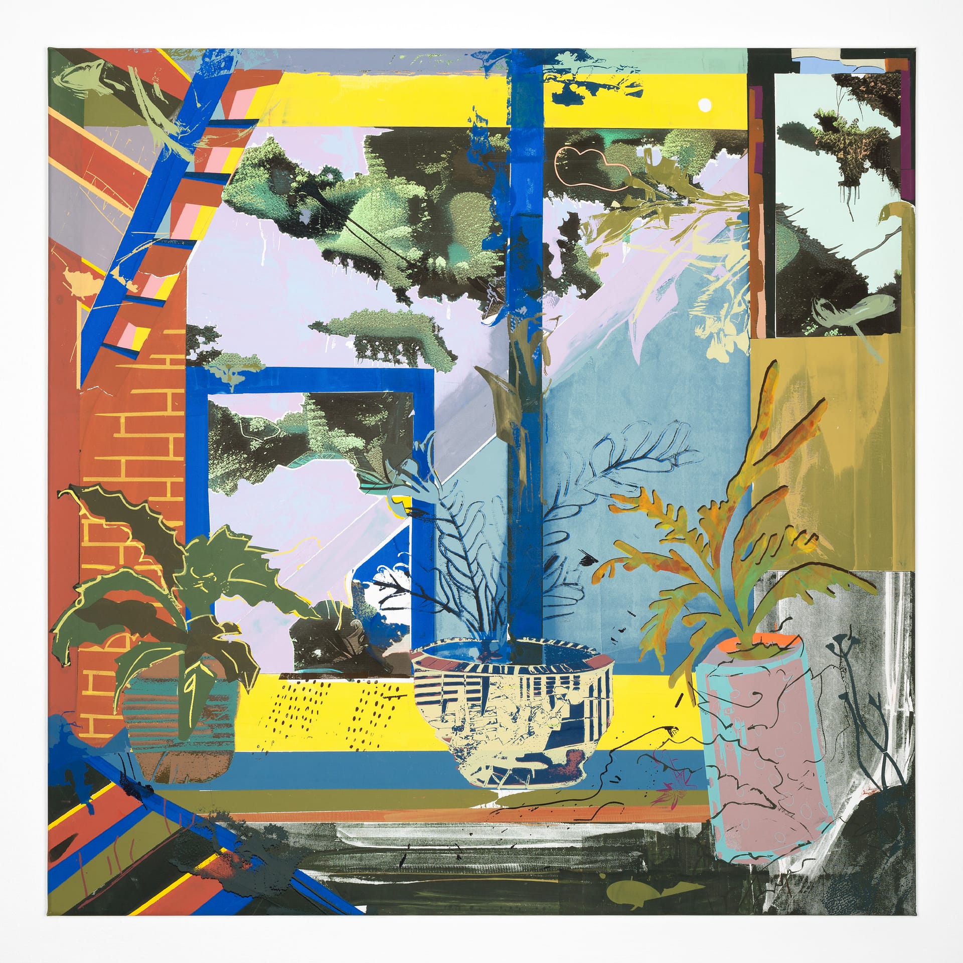 studio plan no. 8, 2024, acrylic, screen print, and pigment print on canvas, 100 x 100 cm