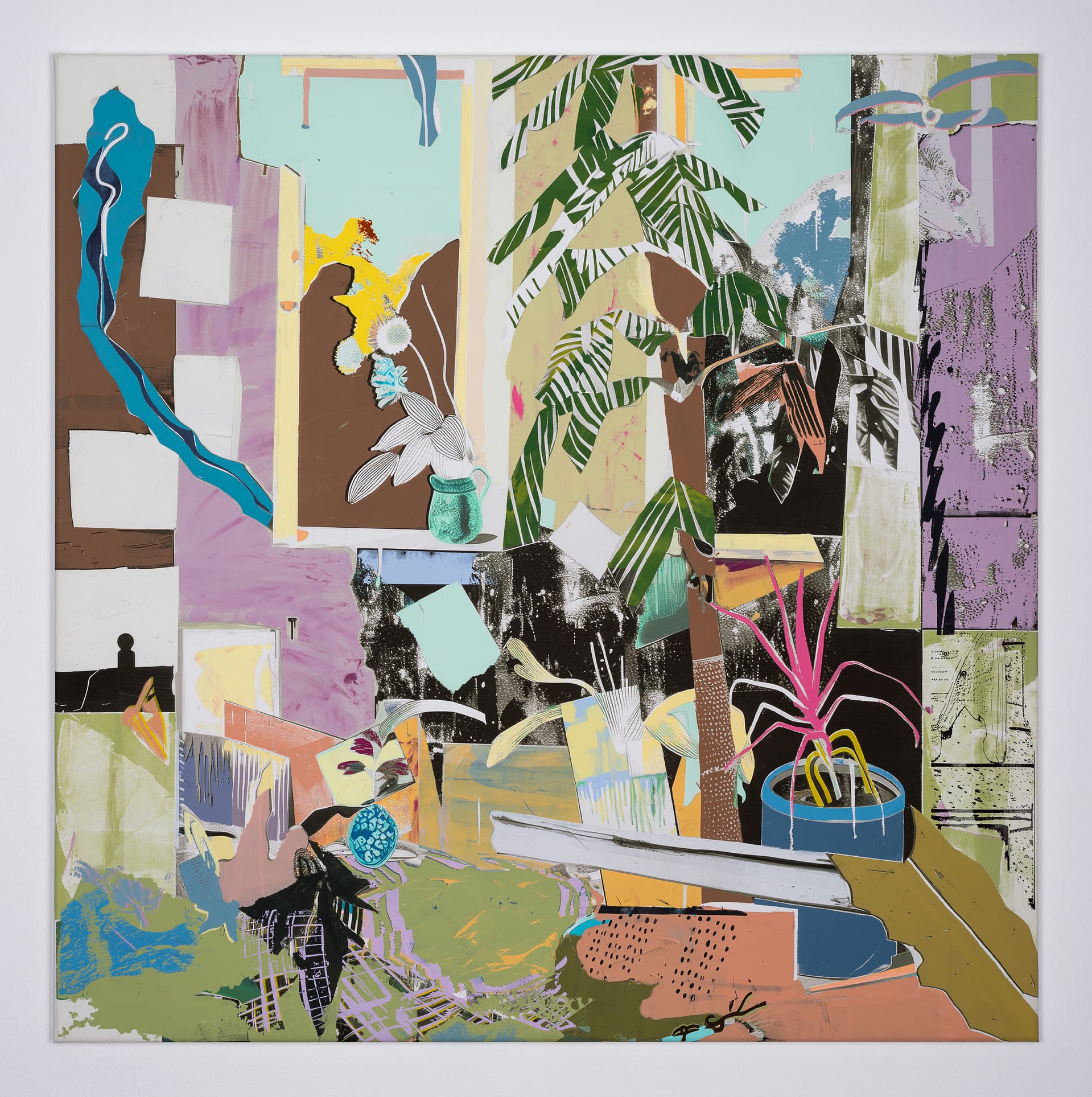 studio plan no. 4, 2024, acrylic, screen print, and pigment print on canvas, 100 x 100 cm